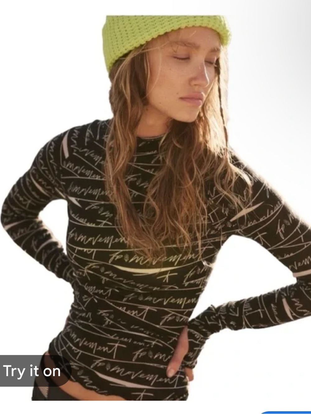 Free People Black Script-Print Long Sleeve Top NWOT